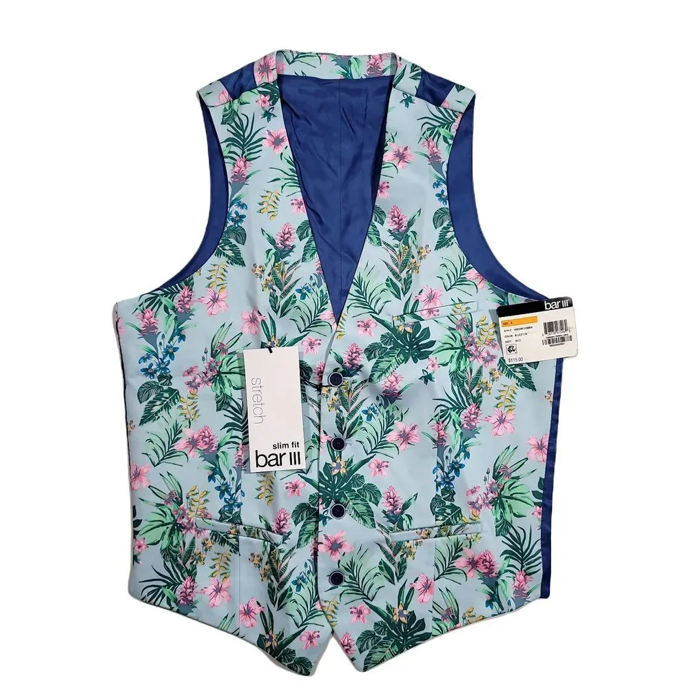 Bar‎ III Slim-Fit Floral-Print Suit Vest Mens Small Blue Pink $100 NEW